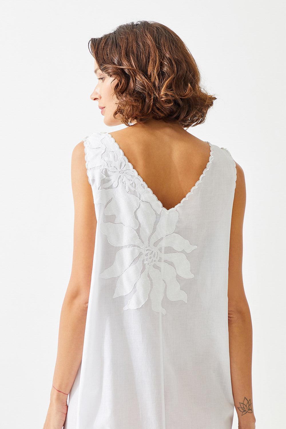 Aila Long Cotton Embroidered with Lace V Neck Nightgown - Off White - Bocan