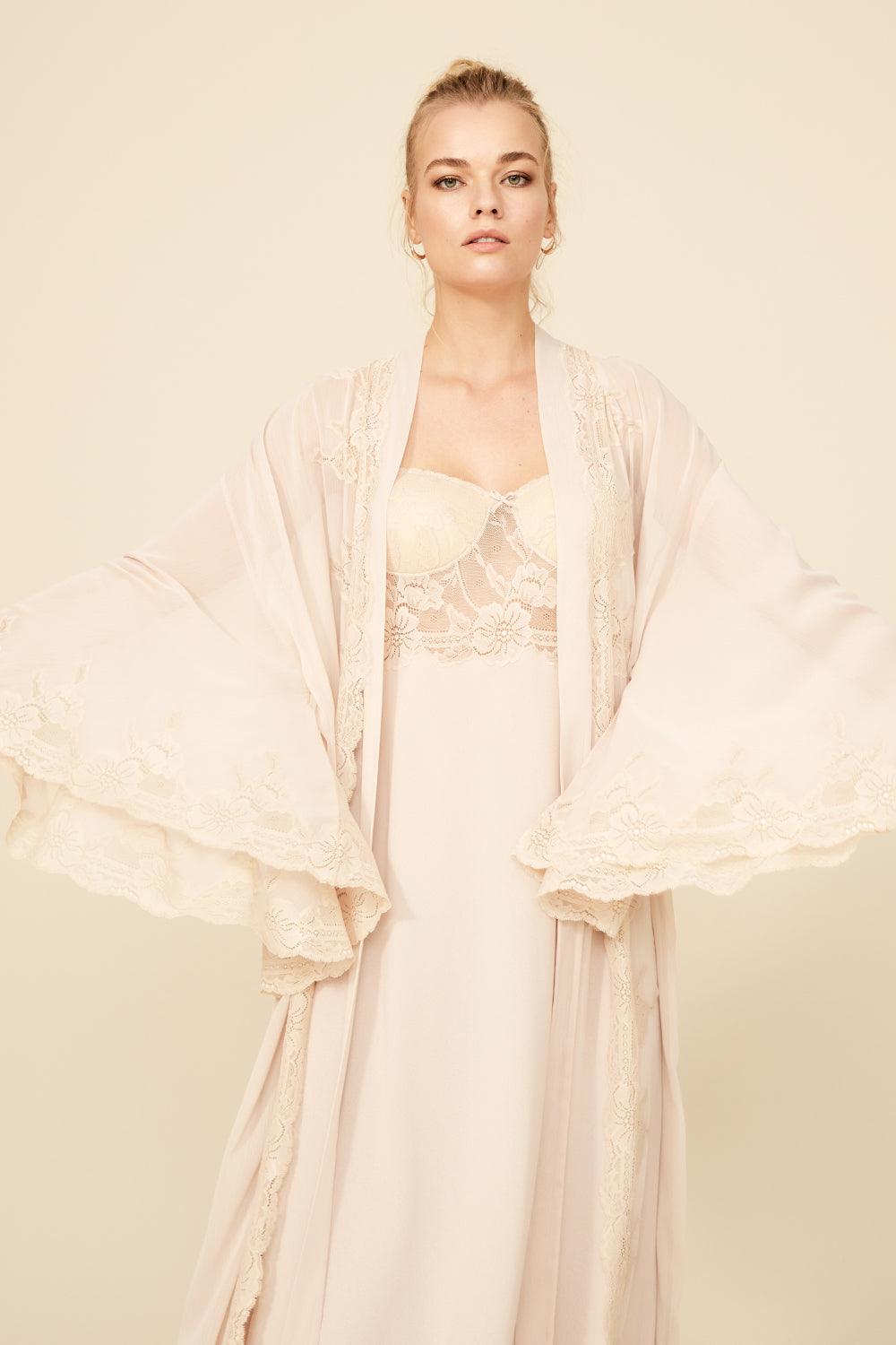 Alana - Long Silk Chiffon Robe Set with Fanlike Sleeve- Sand - Bocan