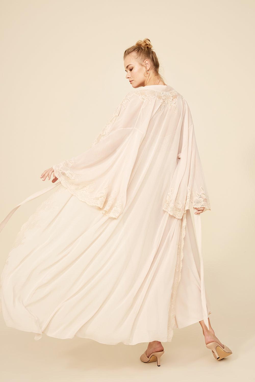 Alana - Long Silk Chiffon Robe Set with Fanlike Sleeve- Sand - Bocan