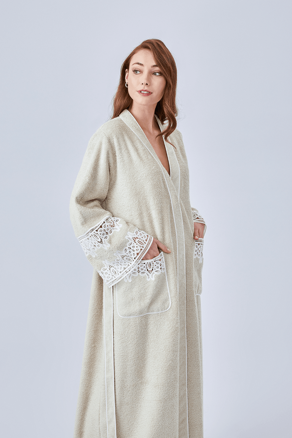 Aliki - Long Towel Belted Bathrobe - Beige - Bocan
