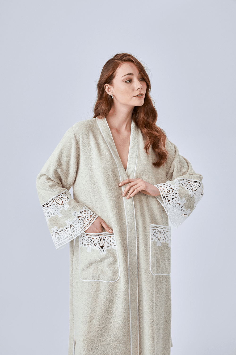 Aliki - Long Towel Belted Bathrobe - Beige - Bocan