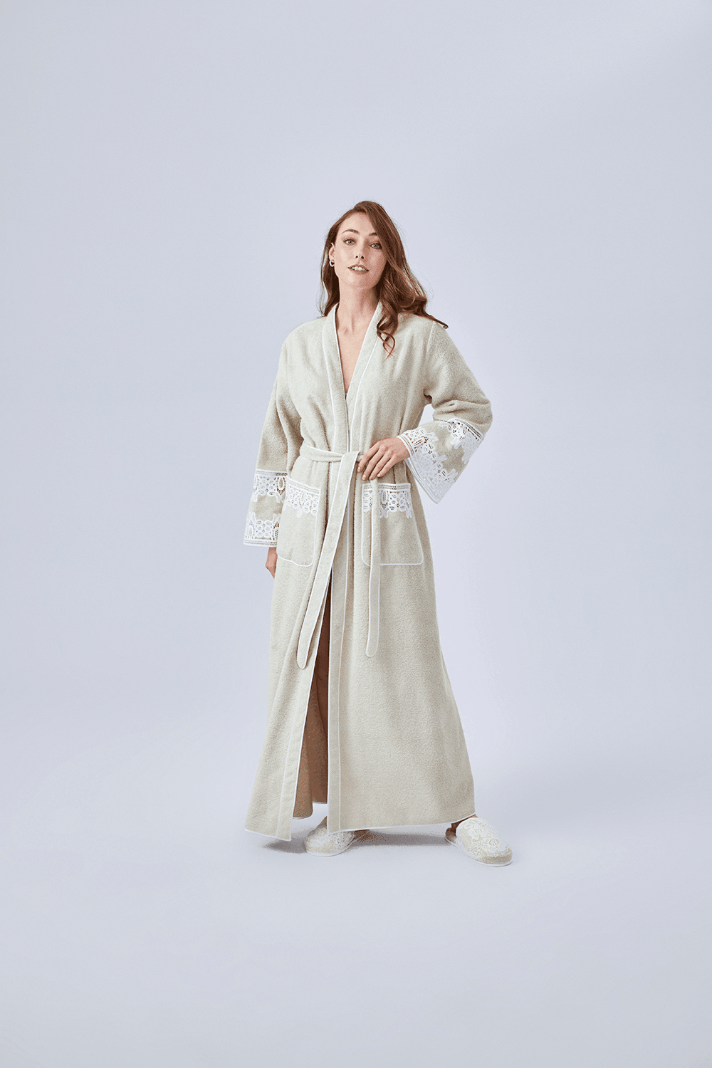 Aliki - Long Towel Belted Bathrobe - Beige - Bocan