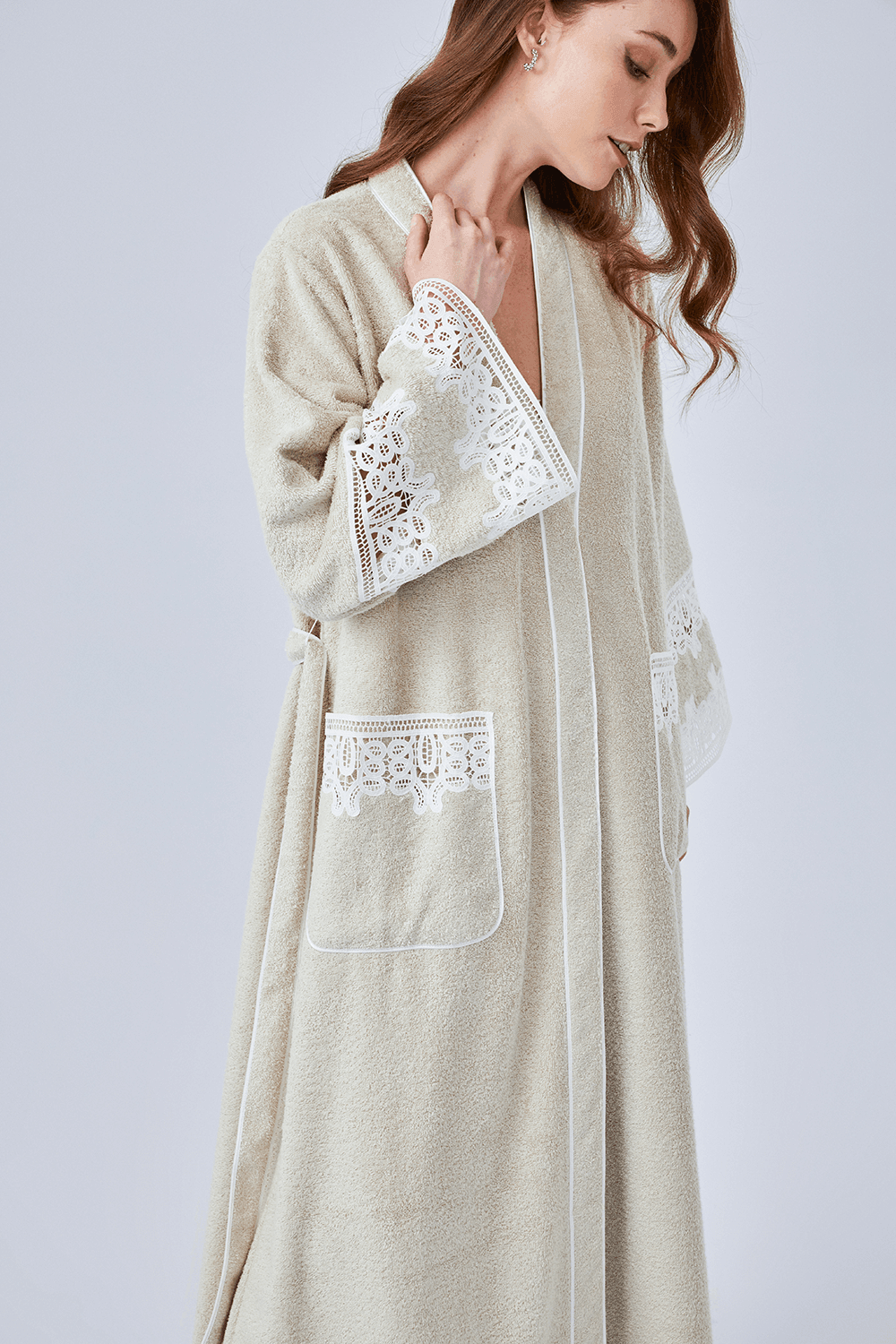 Aliki - Long Towel Belted Bathrobe - Beige - Bocan