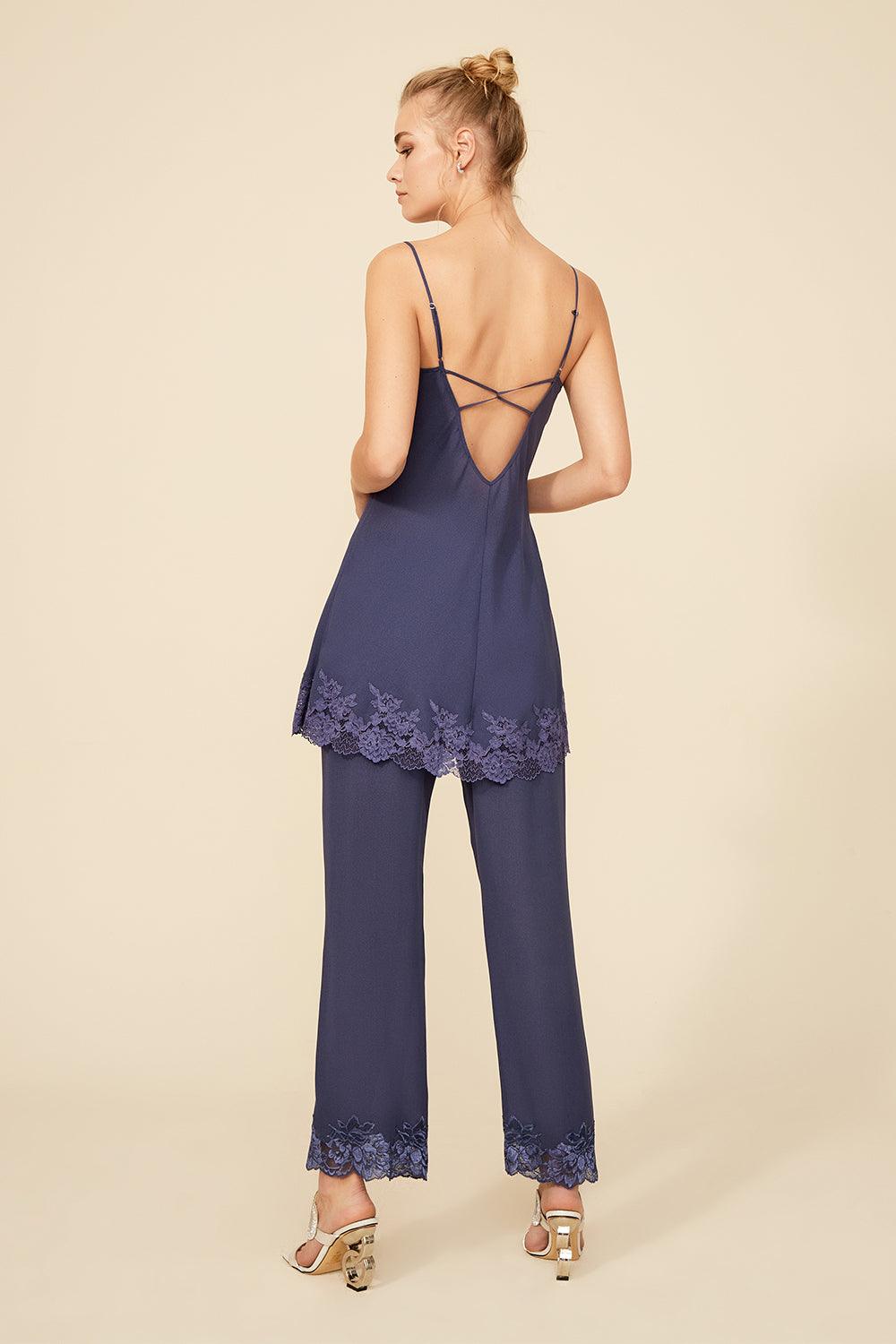 Alleen - Silk Crepe Camisole and Pant PJ Set - Navy - Bocan