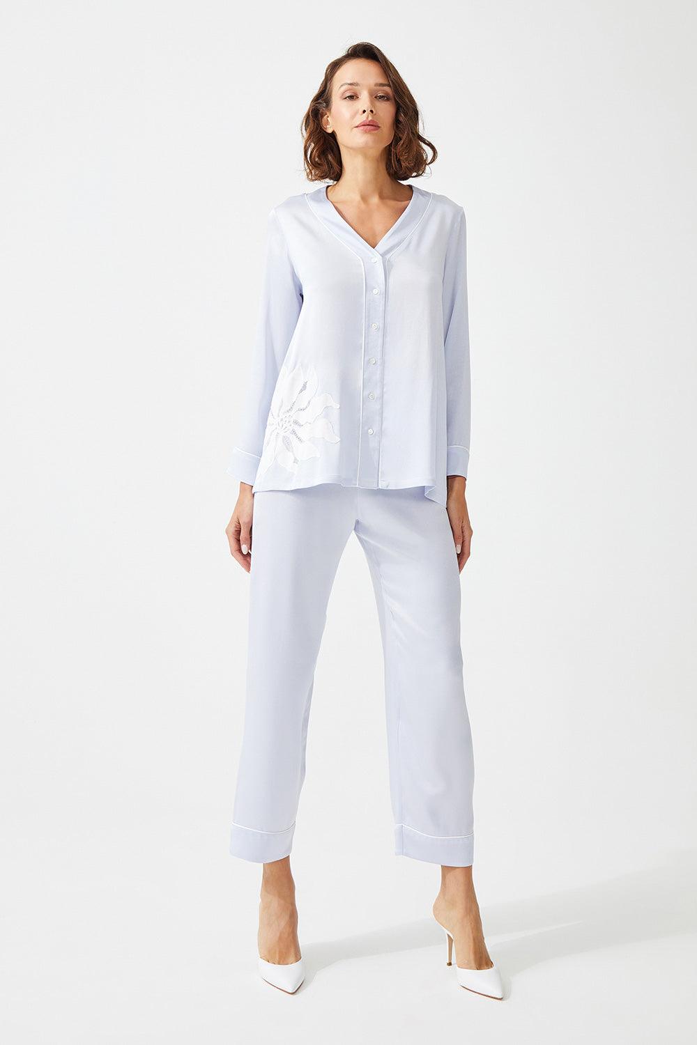 Alnus Trimmed Rayon and Buttoned Long Sleeve Pyjama Set - Ice Blue - Bocan