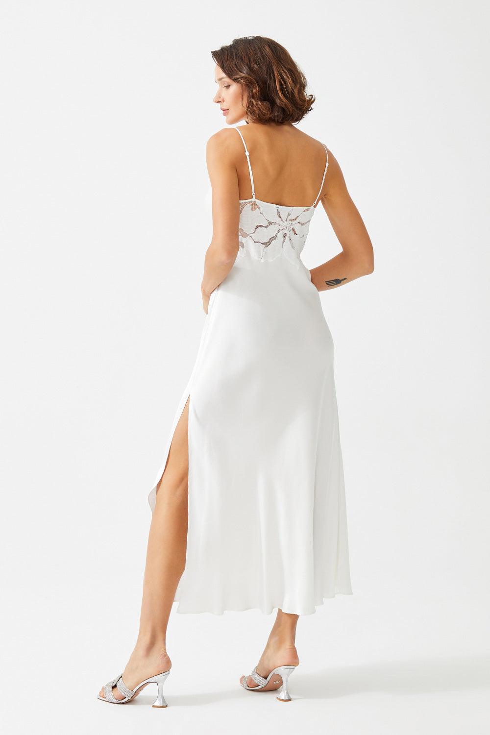 Alyssa Long Rayon Trimmed Slip Dress - Off White - Bocan