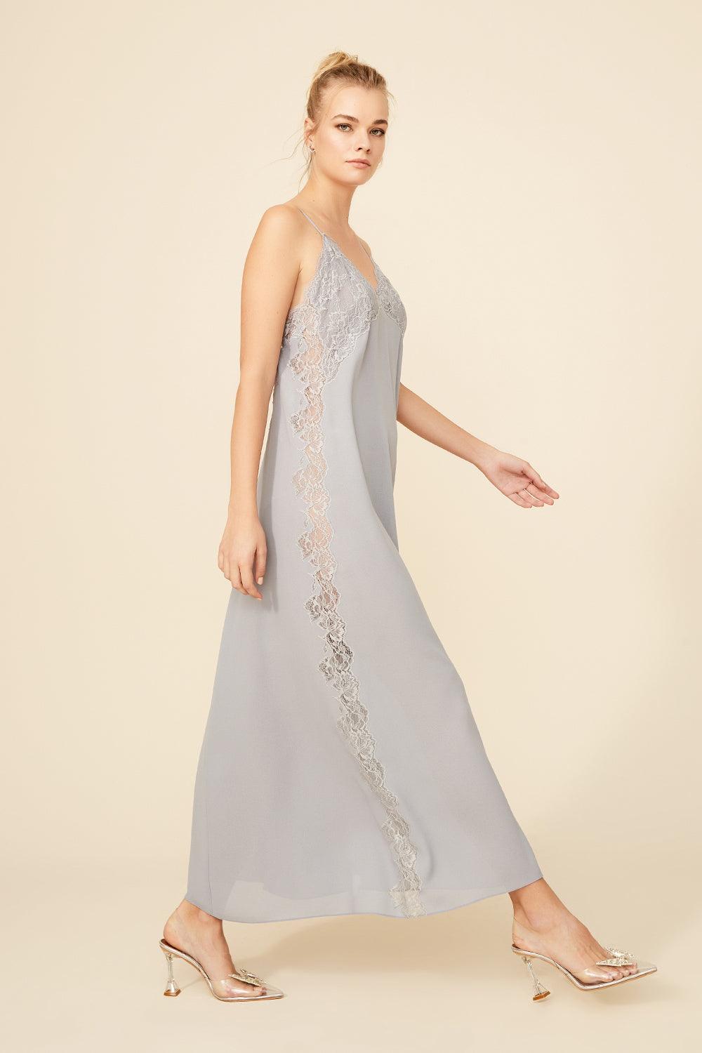 Amy - Long Silk Strapped Nightgown - Light Grey - Bocan