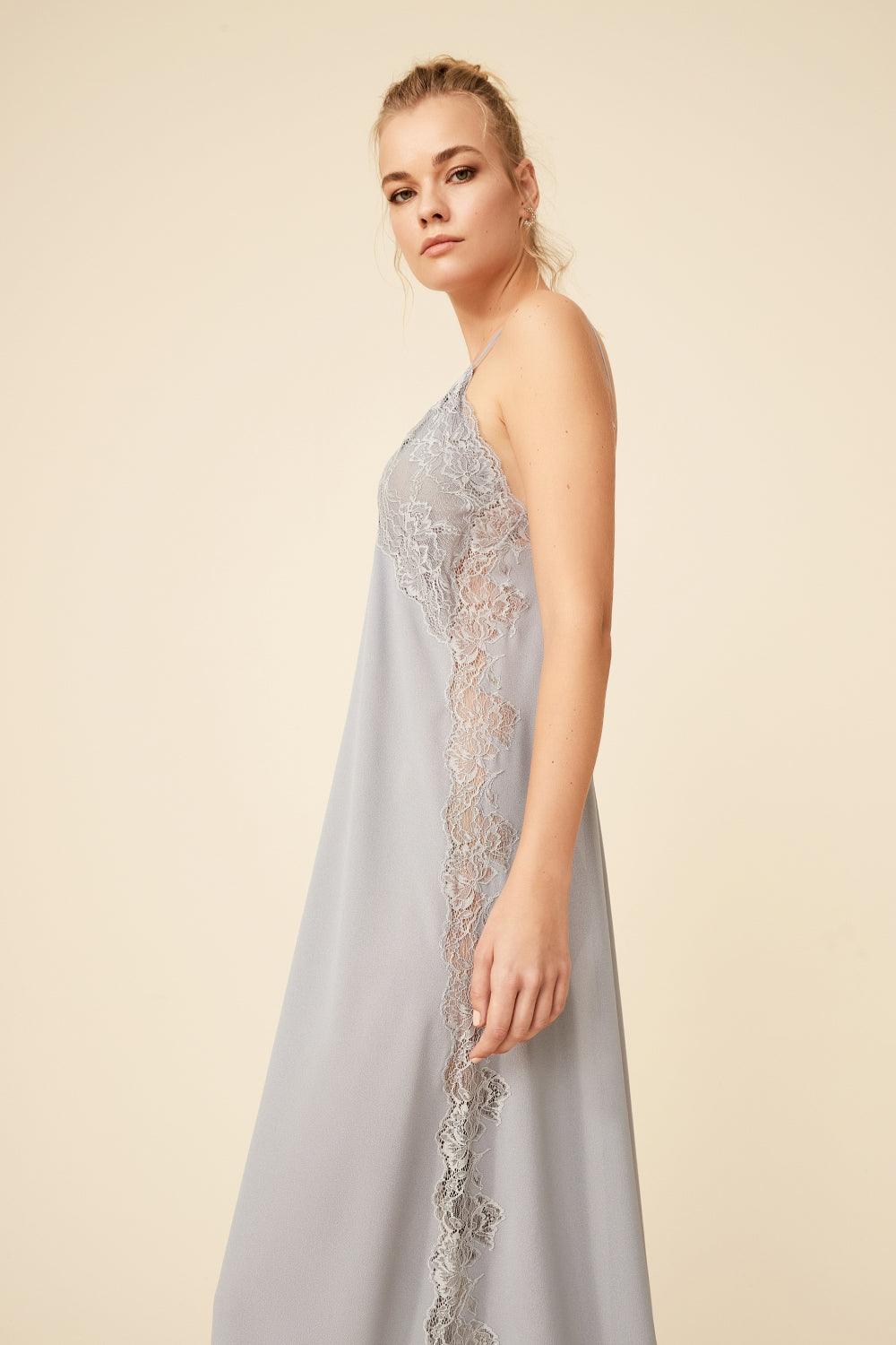 Amy - Long Silk Strapped Nightgown - Light Grey - Bocan