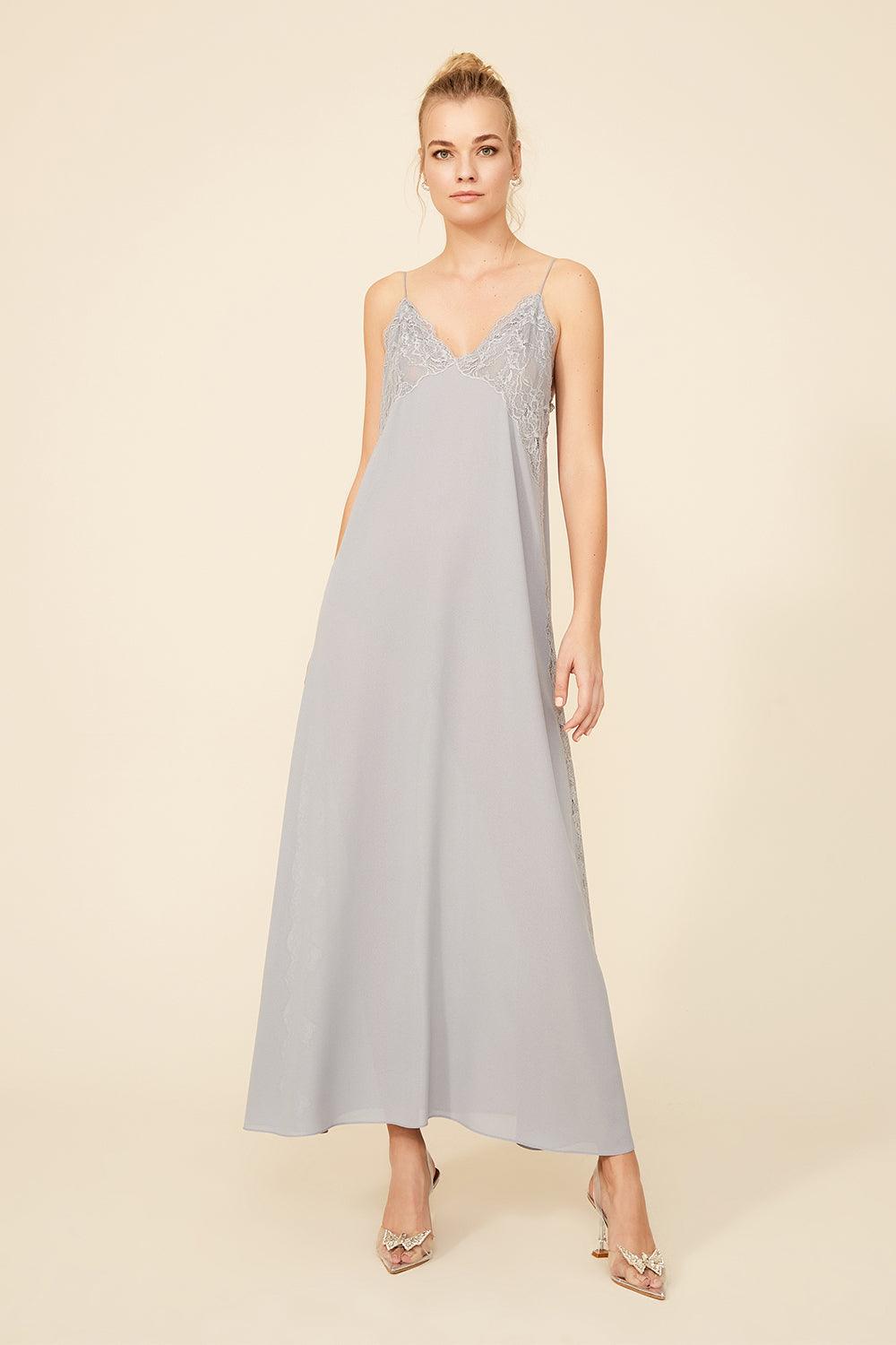 Amy - Long Silk Strapped Nightgown - Light Grey - Bocan