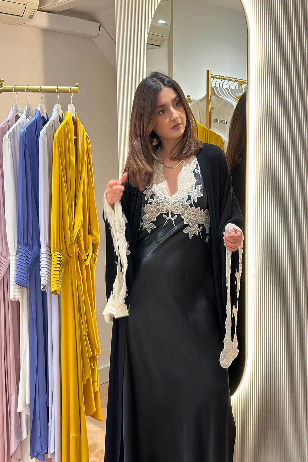 Anastasia - Long Rayon Kimono Set - Black with Gold Lace - Bocan