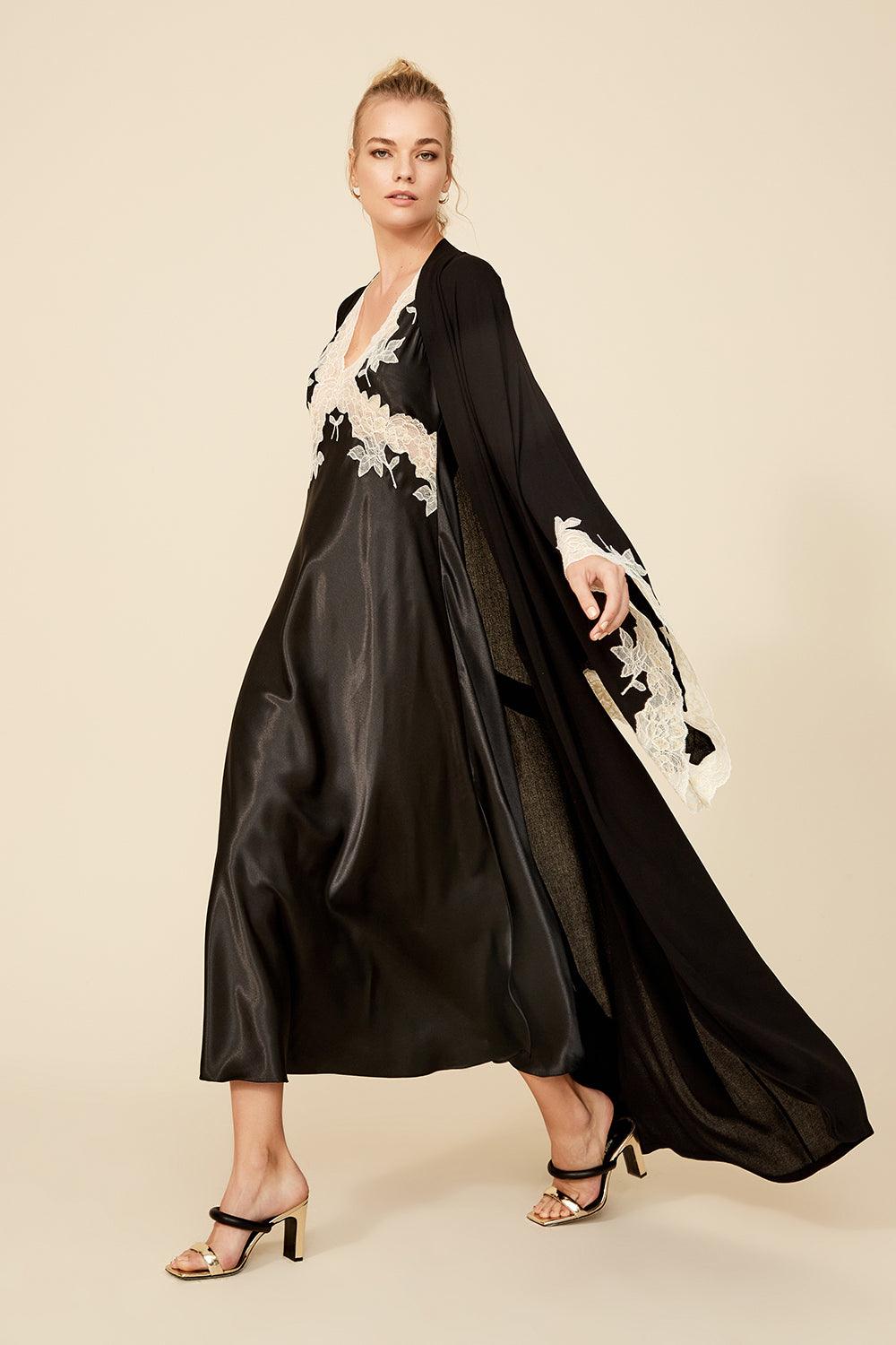 Anastasia - Long Rayon Kimono Set - Black with Gold Lace - Bocan