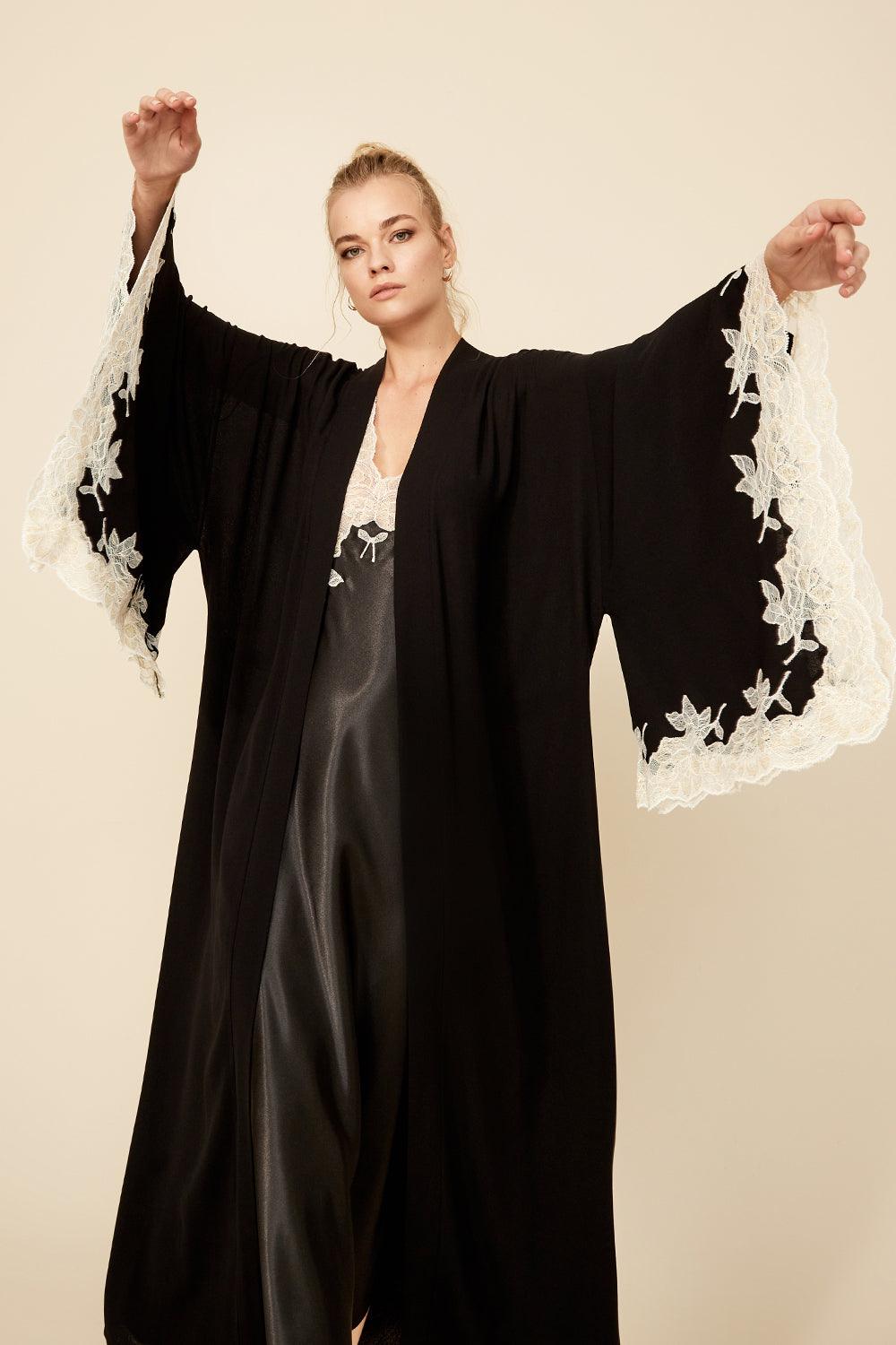Anastasia - Long Rayon Kimono Set - Black with Gold Lace - Bocan