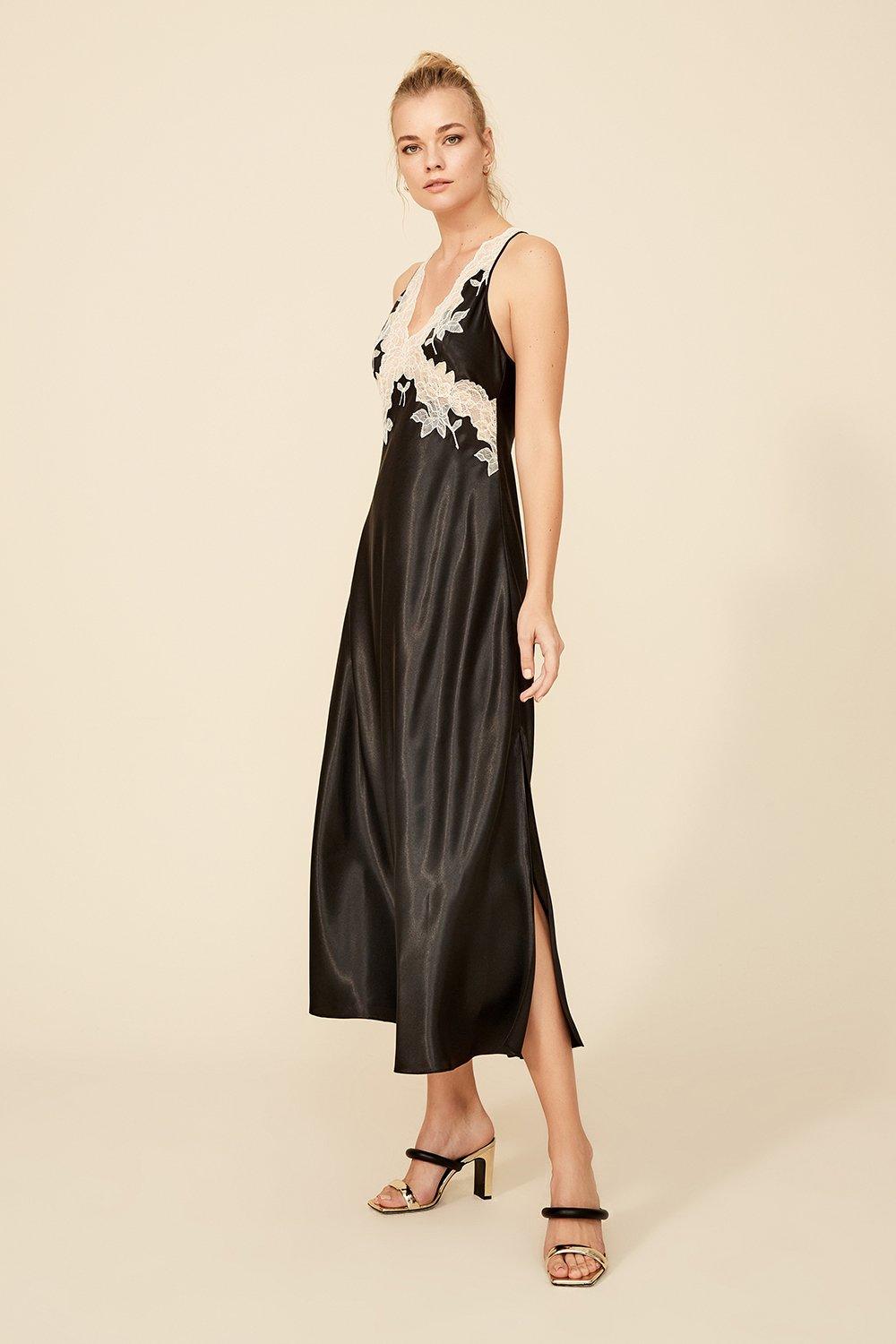 Anastasia - Long Rayon Kimono Set - Black with Gold Lace - Bocan