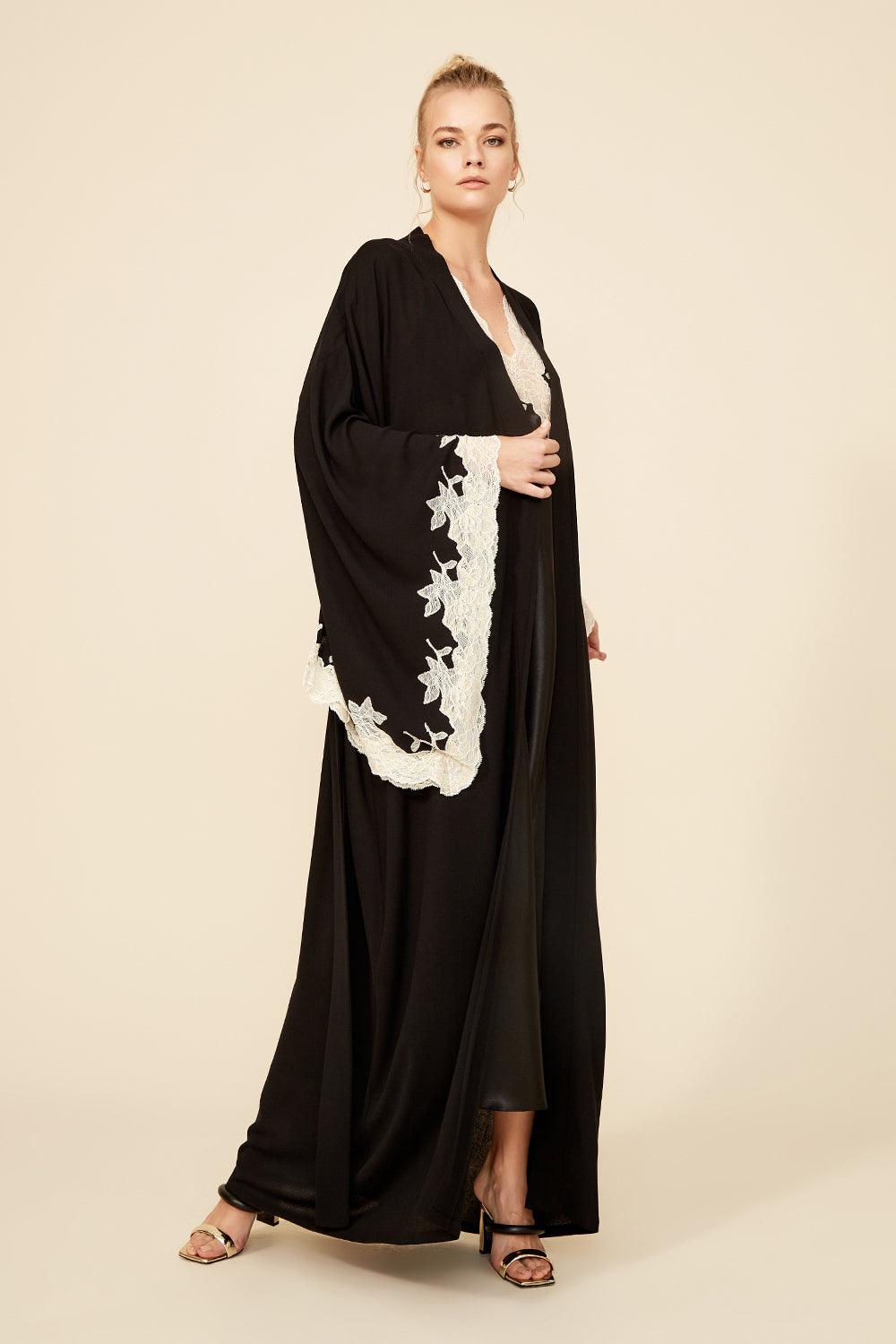 Anastasia - Long Rayon Kimono Set - Black with Gold Lace - Bocan