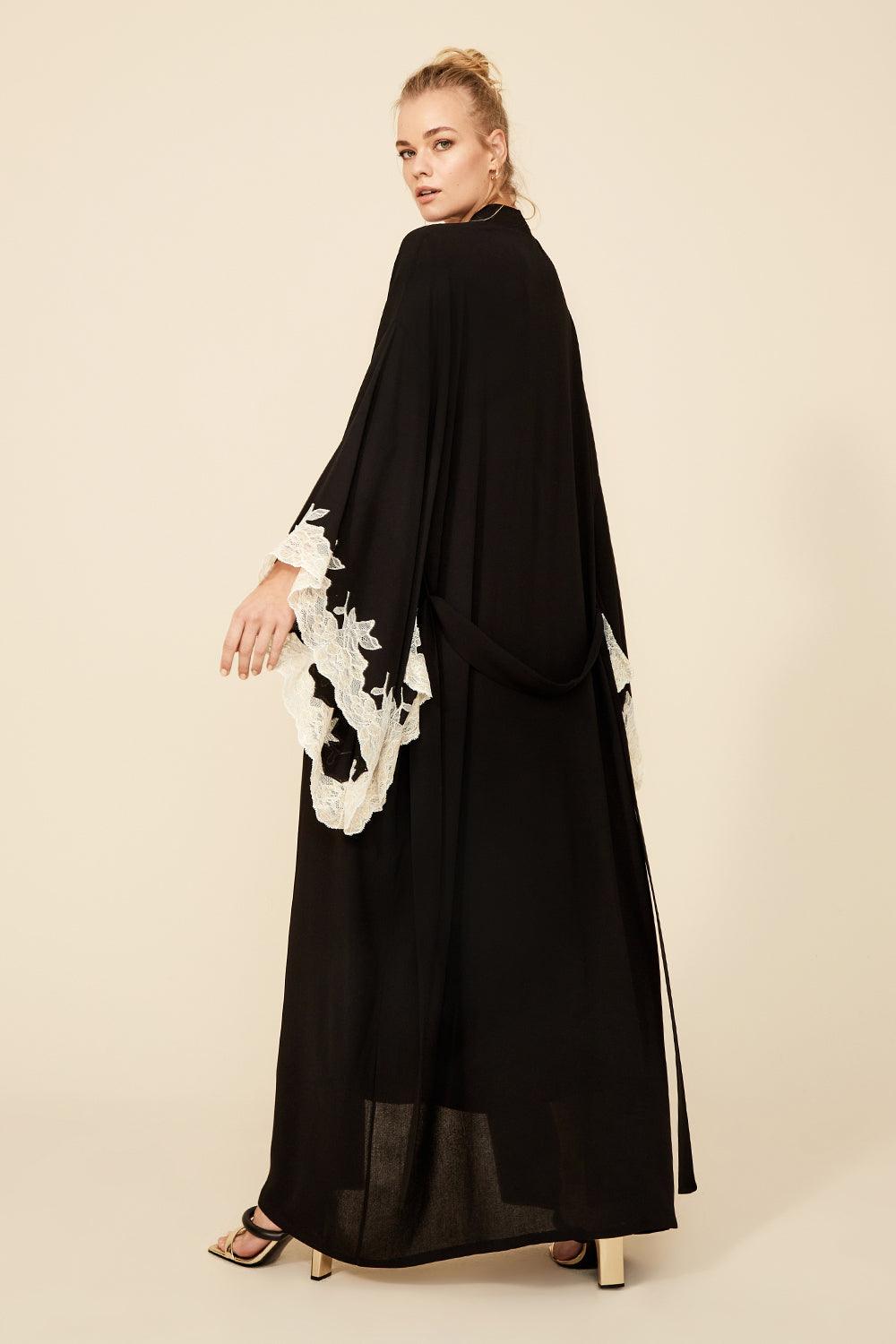 Anastasia - Long Rayon Kimono Set - Black with Gold Lace - Bocan