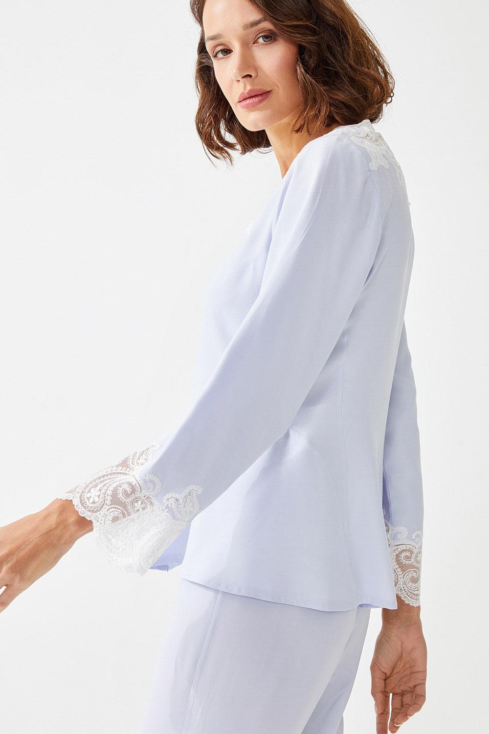 Anemone Trimmed Rayon Full Buttoned Long Sleeve Pyjama Set - Ice Blue - Bocan