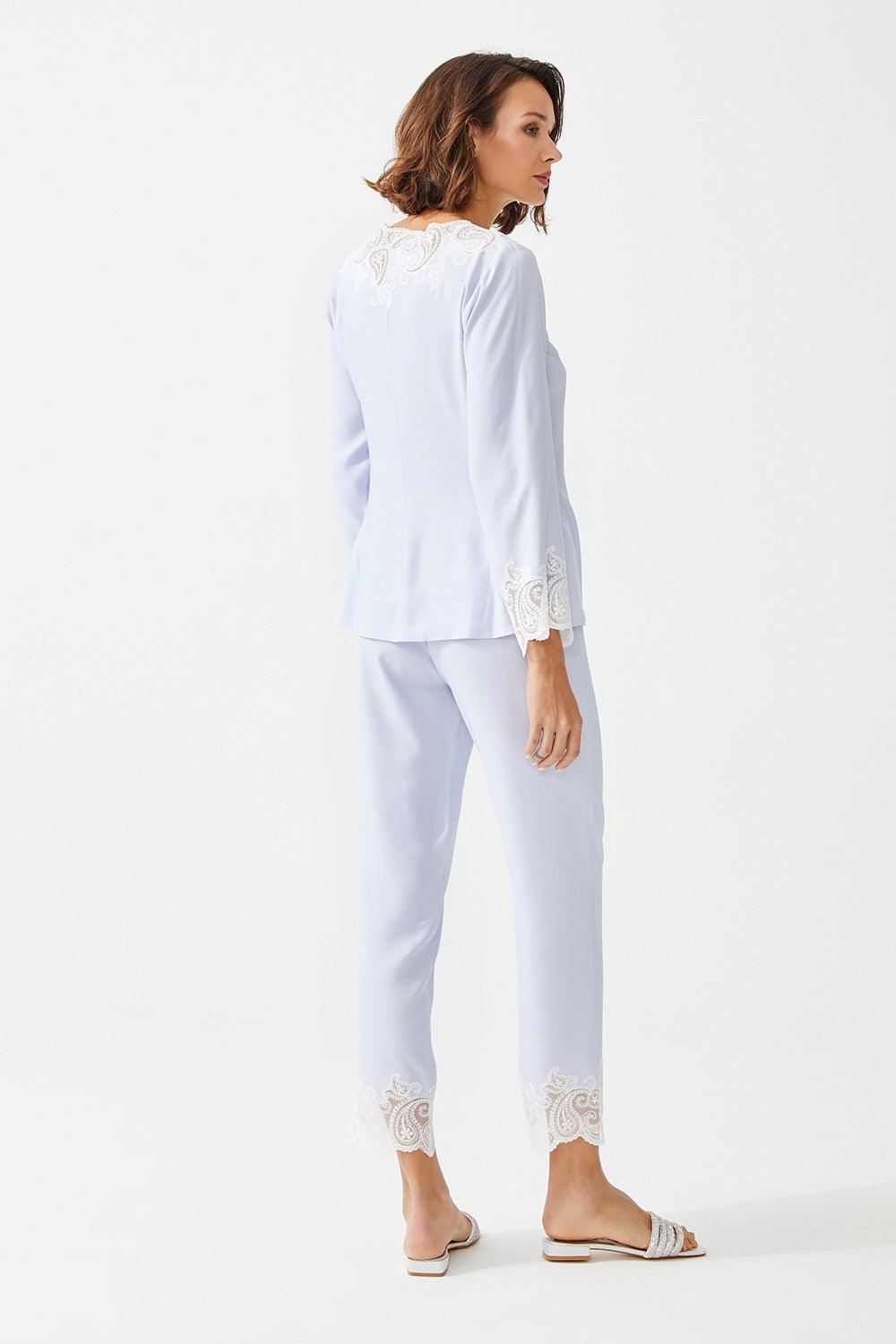 Anemone Trimmed Rayon Full Buttoned Long Sleeve Pyjama Set - Ice Blue - Bocan