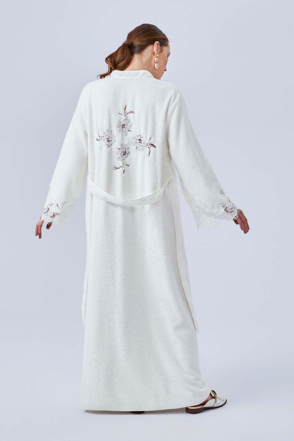 Angeliki - Long Towel Belted Bathrobe - Off White - Bocan