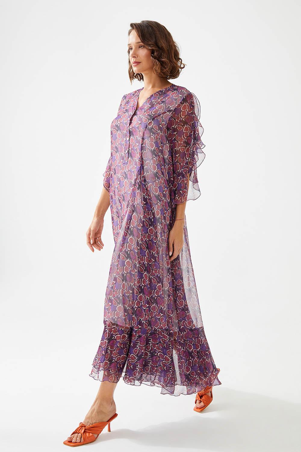 Anjeer Long Printed Silk Chiffon Dress - Purple - Bocan