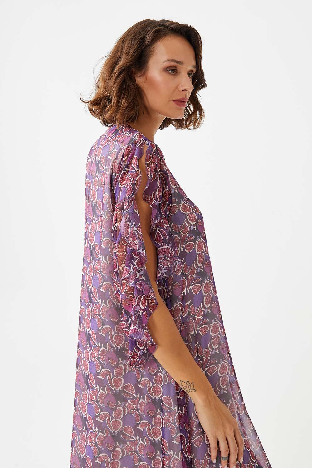 Anjeer Long Printed Silk Chiffon Dress - Purple - Bocan