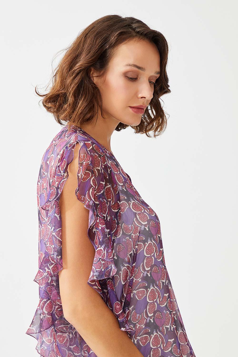Anjeer Long Printed Silk Chiffon Dress - Purple - Bocan
