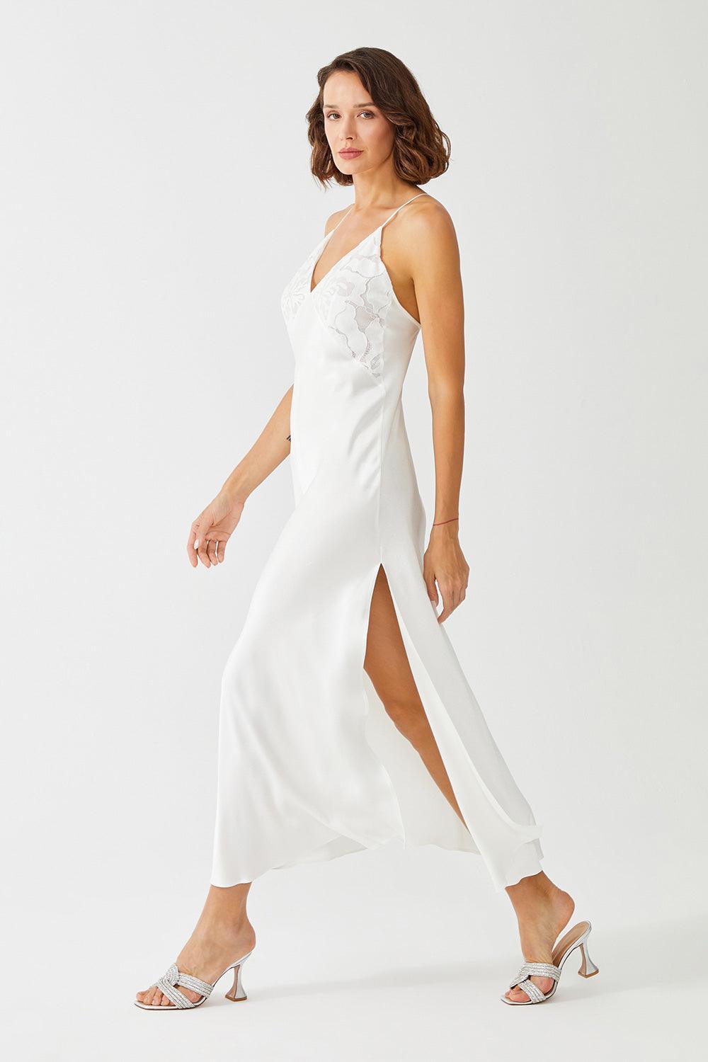 Argos Long Rayon Trimmed with Lace Robe Set - Off White - Bocan