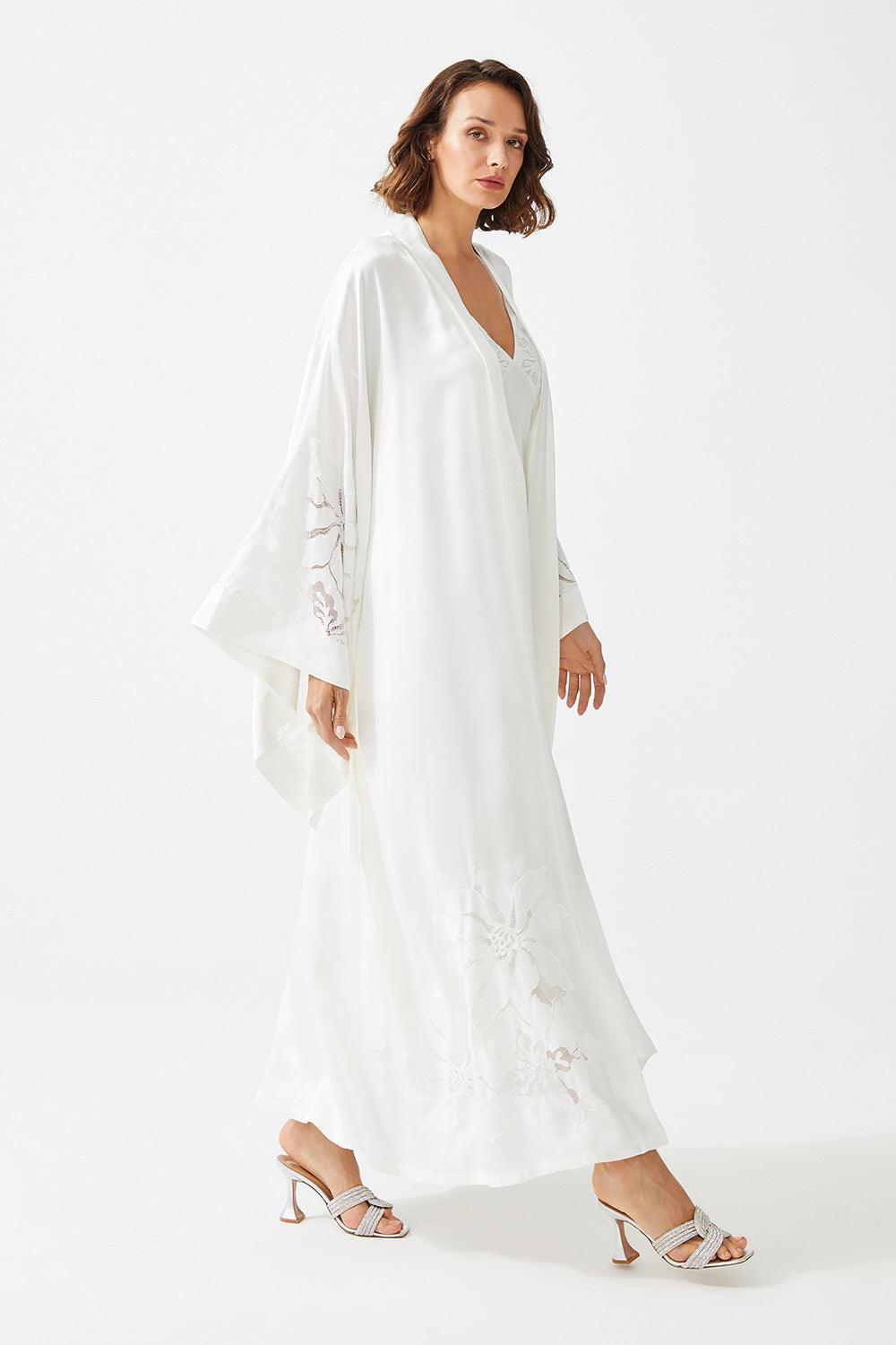 Argos Long Rayon Trimmed with Lace Robe Set - Off White - Bocan