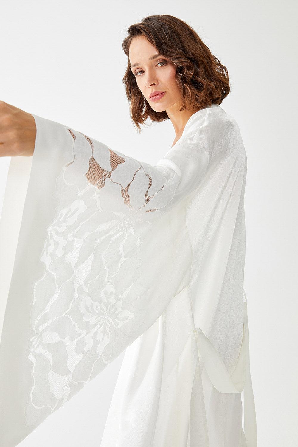 Argos Long Rayon Trimmed with Lace Robe Set - Off White - Bocan