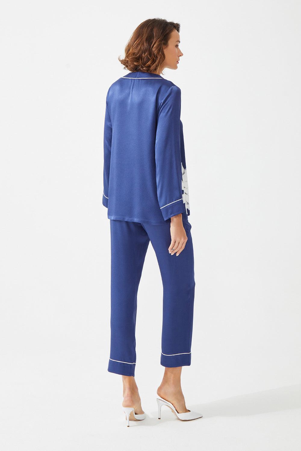Asagoa - Trimmed Rayon and Buttoned Long Sleeve Pyjama Set - Navy Blue - Bocan