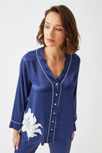 Asagoa - Trimmed Rayon and Buttoned Long Sleeve Pyjama Set - Navy Blue - Bocan