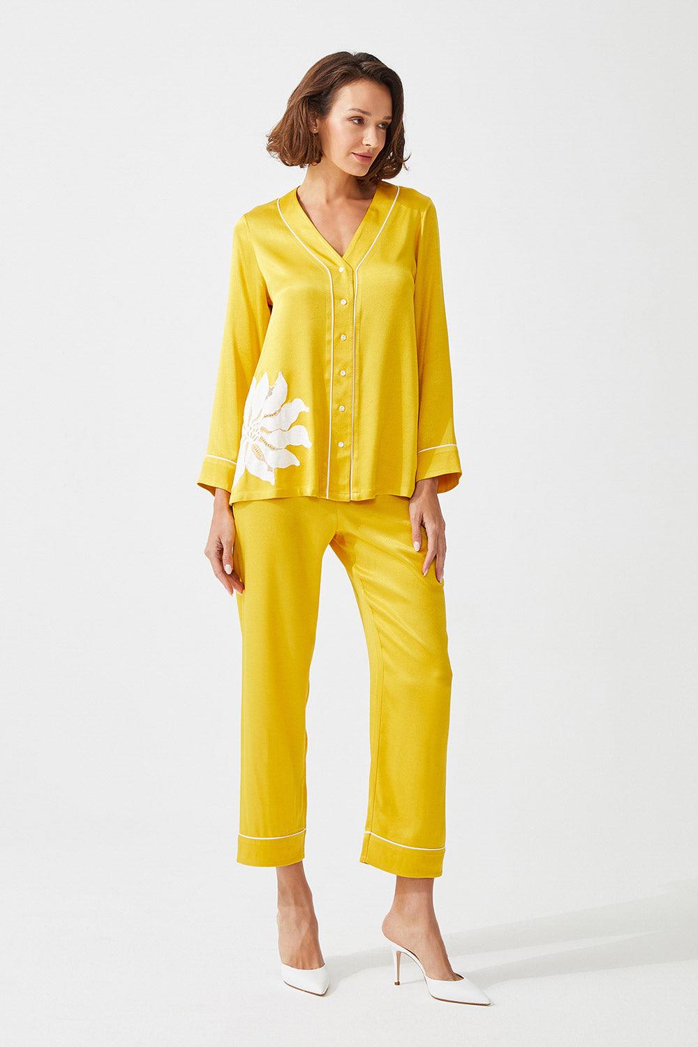 Asahi Trimmed Rayon and Buttoned Long Sleeve Pyjama Set - Yellow - Bocan