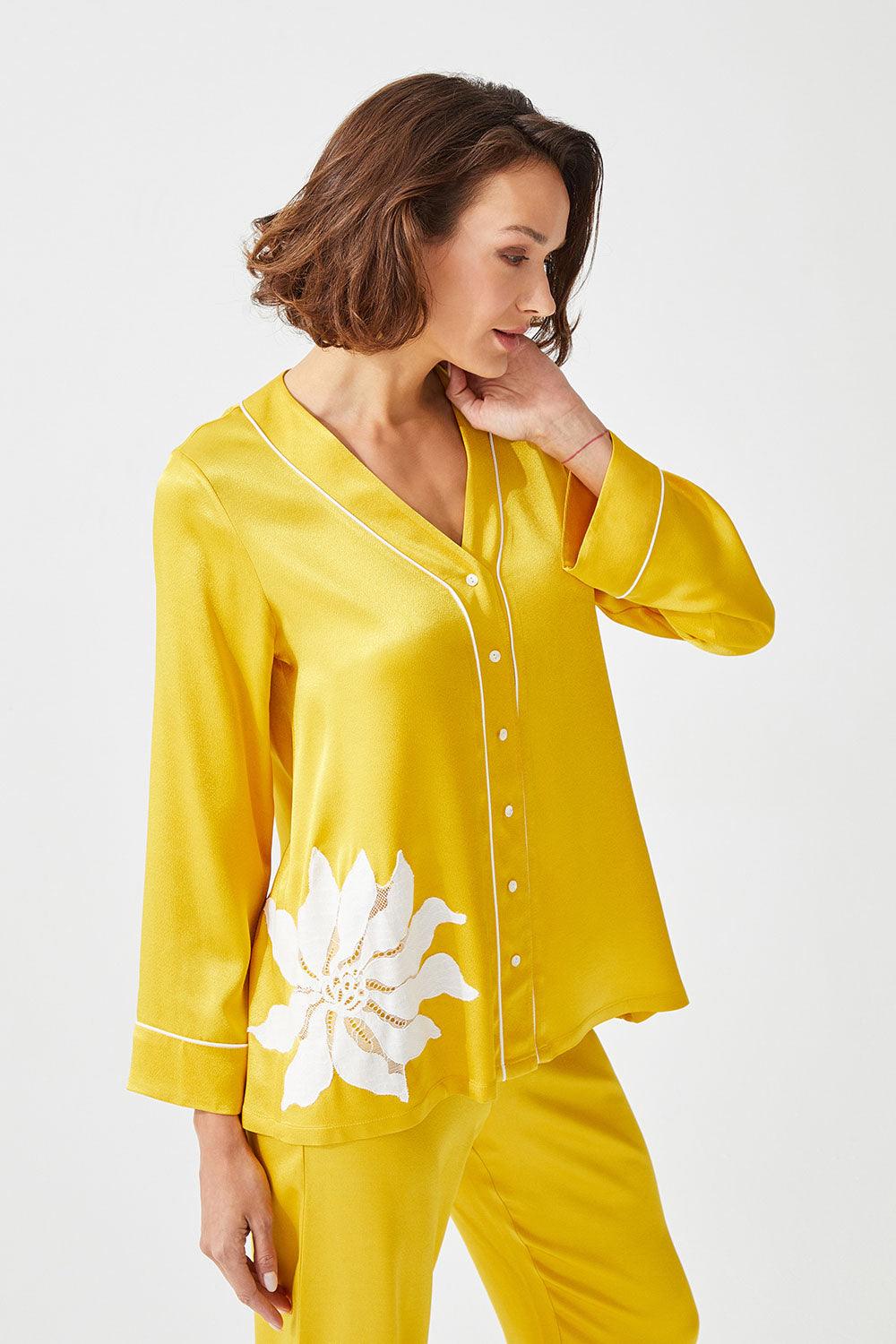 Asahi Trimmed Rayon and Buttoned Long Sleeve Pyjama Set - Yellow - Bocan