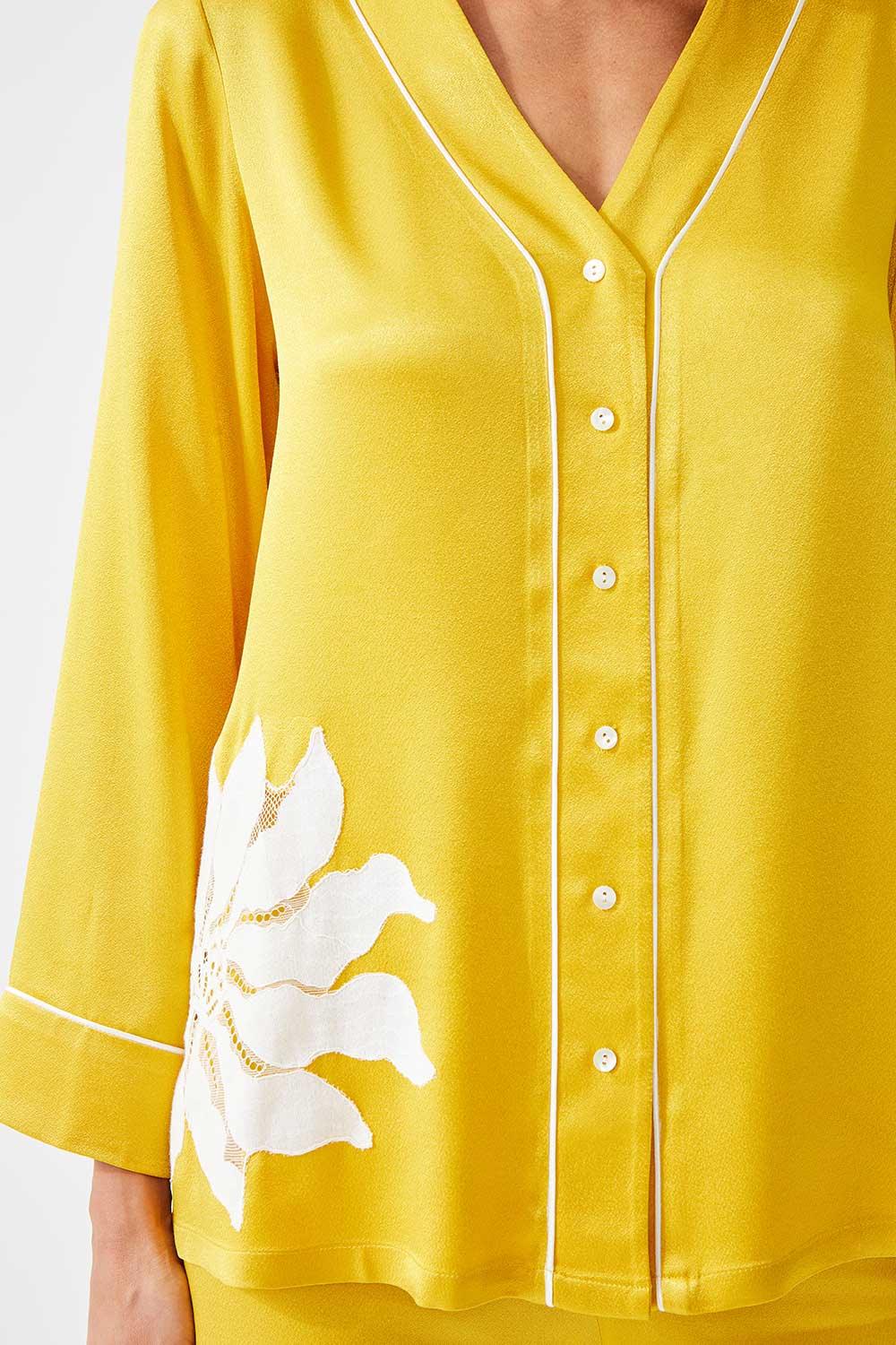 Asahi Trimmed Rayon and Buttoned Long Sleeve Pyjama Set - Yellow - Bocan