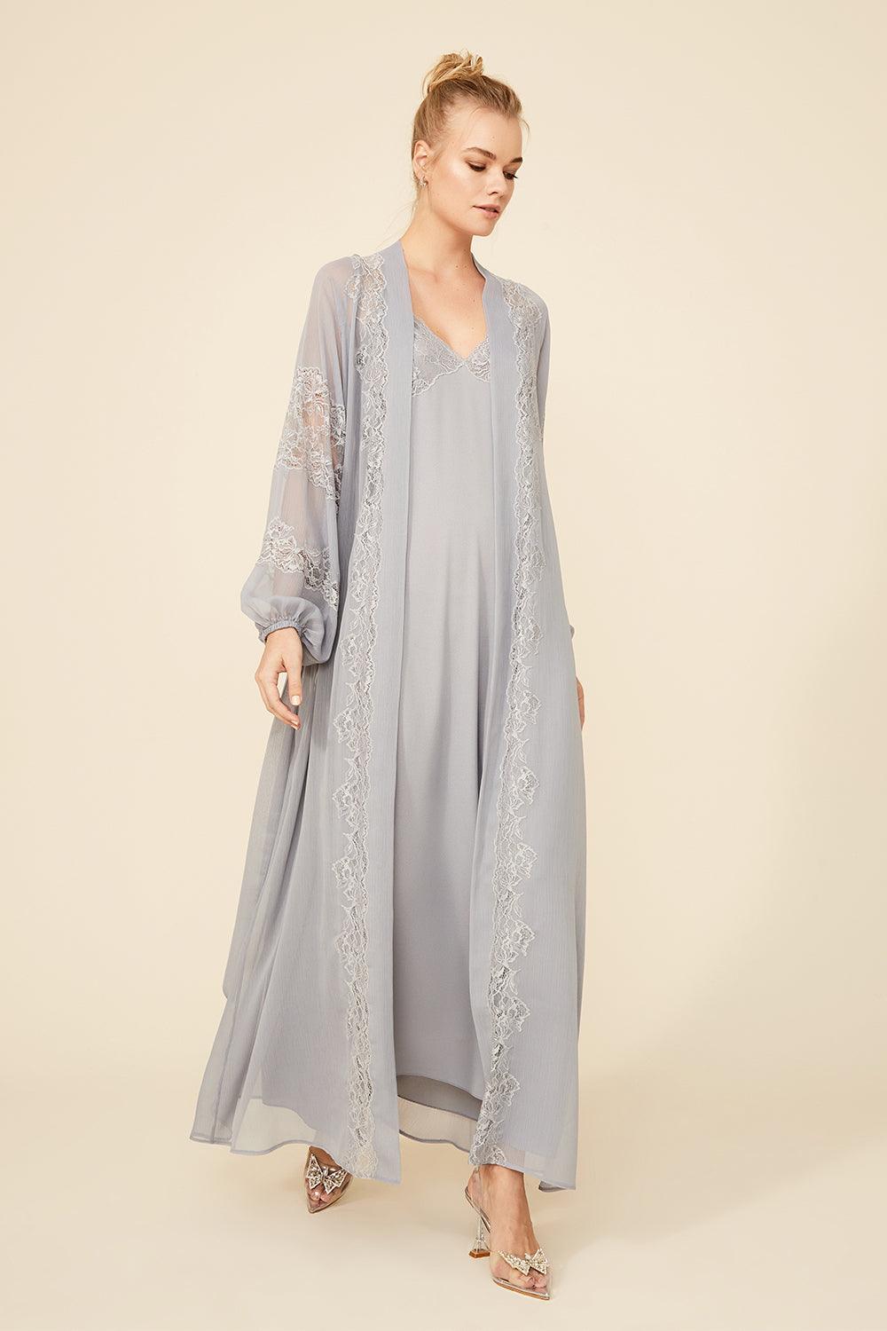 Ashley - Long Silk Chiffon Robe Set - Light Grey - Bocan