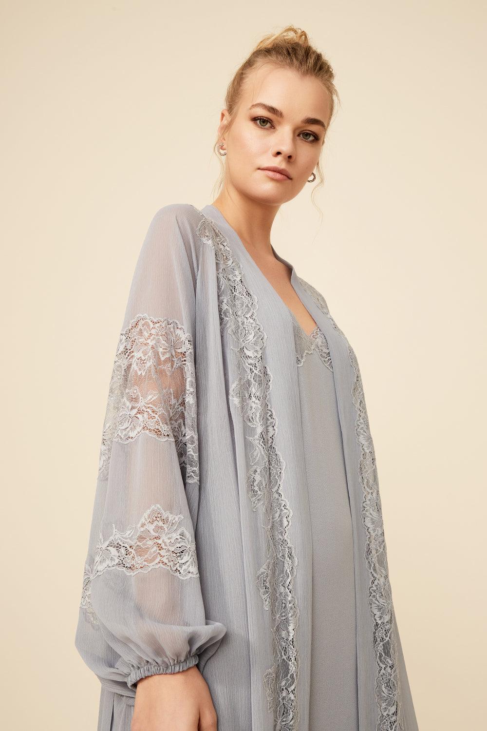 Ashley - Long Silk Chiffon Robe Set - Light Grey - Bocan