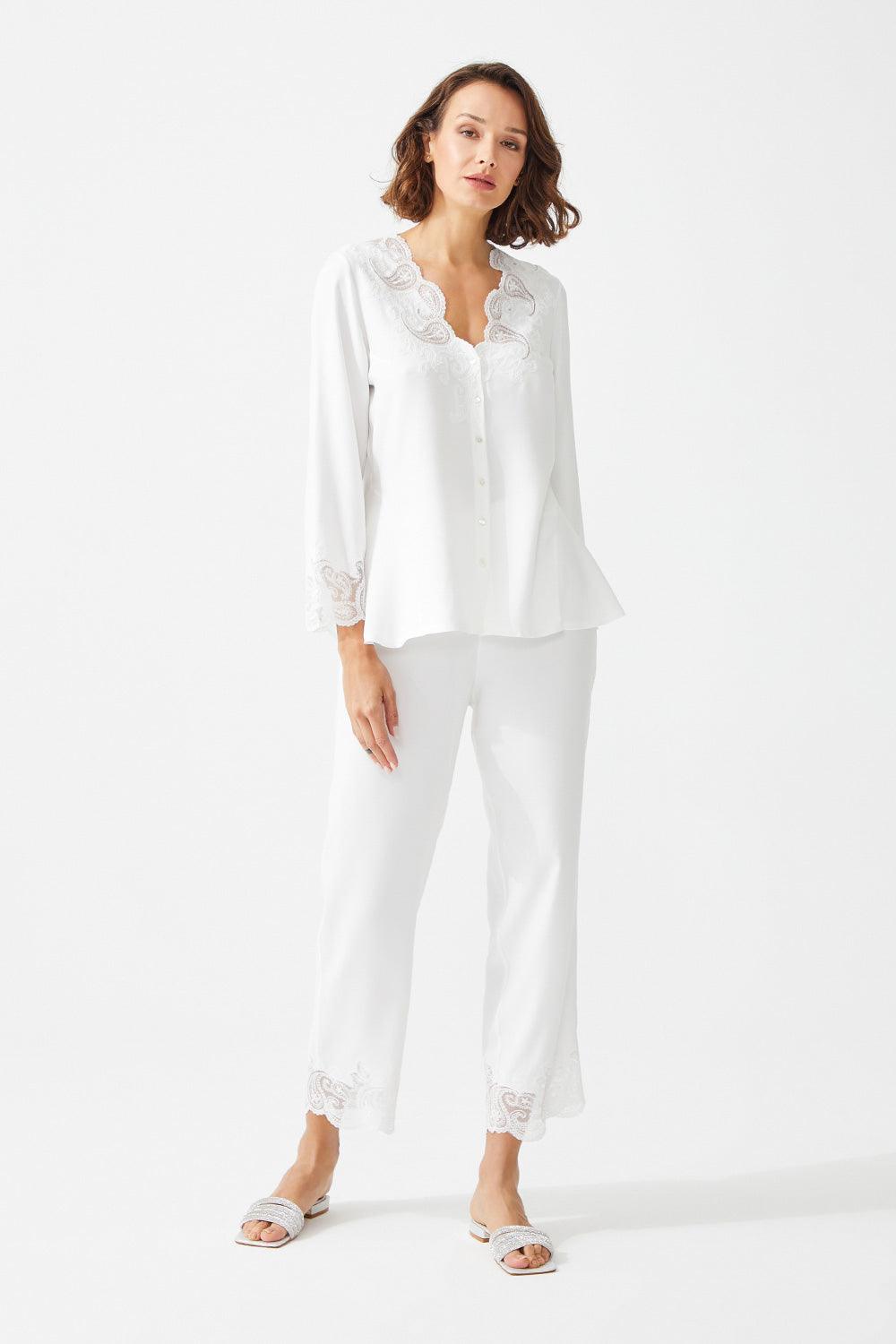 Ayana Trimmed Rayon Full Buttoned Long Sleeve Pyjama Set - Bocan