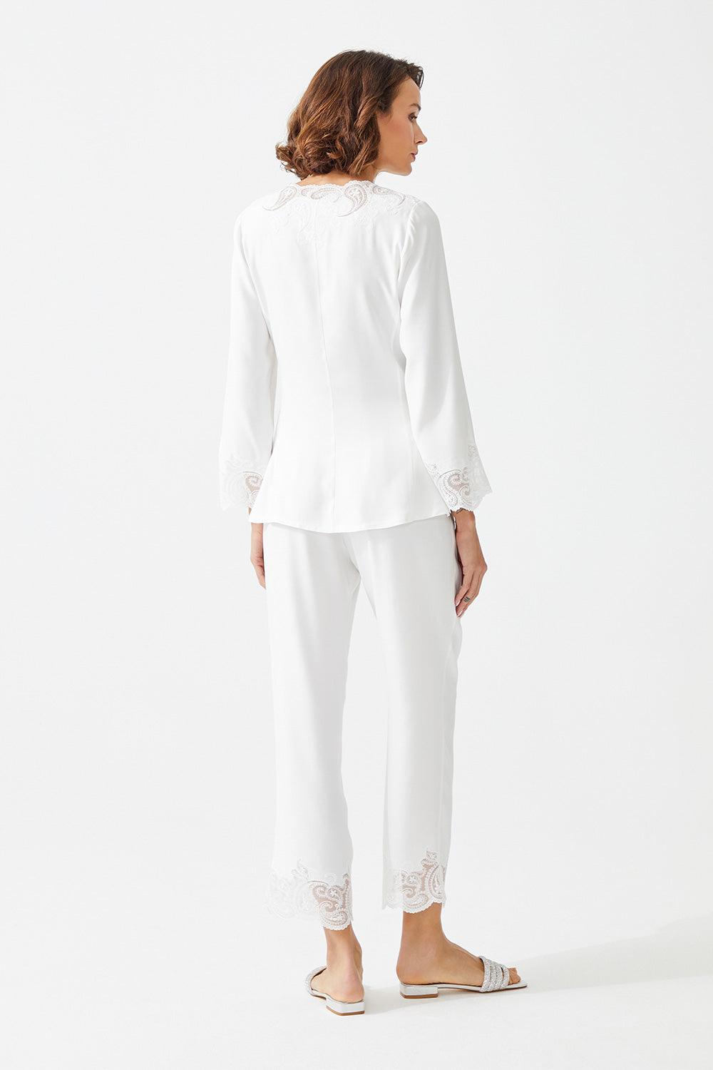 Ayana Trimmed Rayon Full Buttoned Long Sleeve Pyjama Set - Bocan