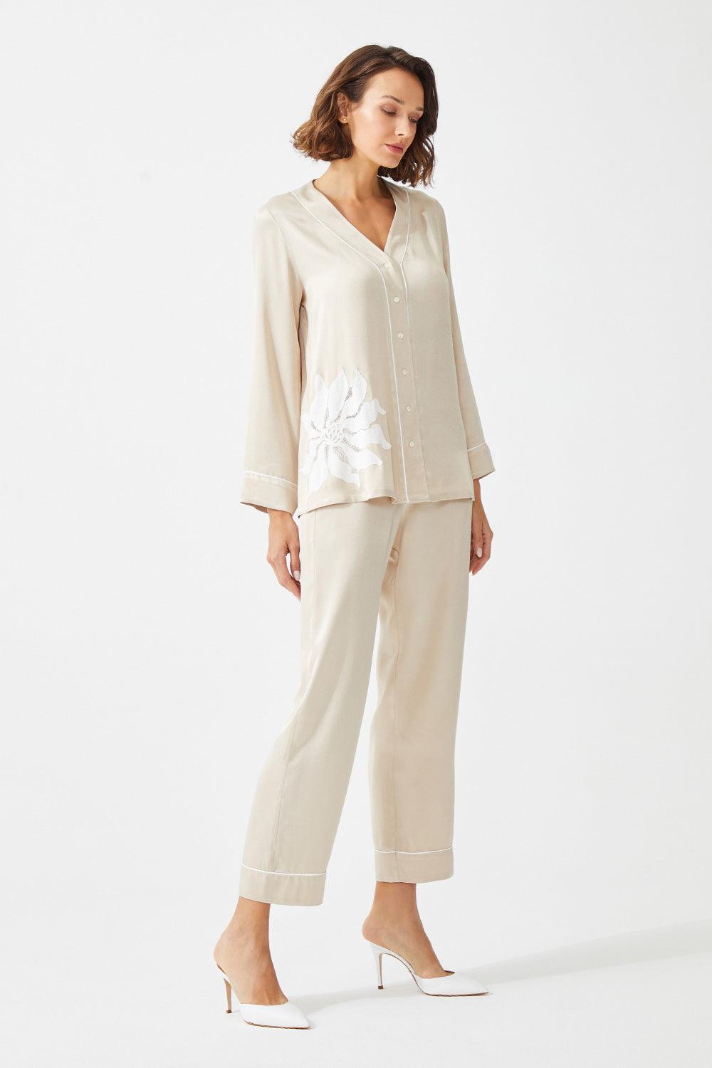 Belladonna - Trimmed Rayon and Buttoned Long Sleeve Pyjama Set - Beige - Bocan