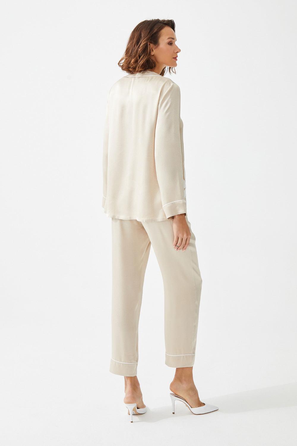Belladonna - Trimmed Rayon and Buttoned Long Sleeve Pyjama Set - Beige - Bocan