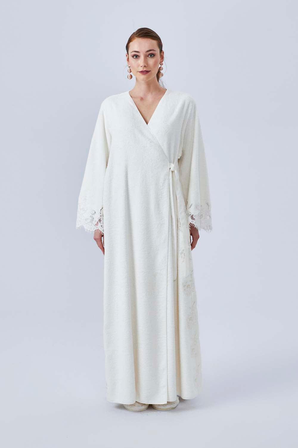 Berenice - Long Towel Belted Bathrobe - Off White - Bocan