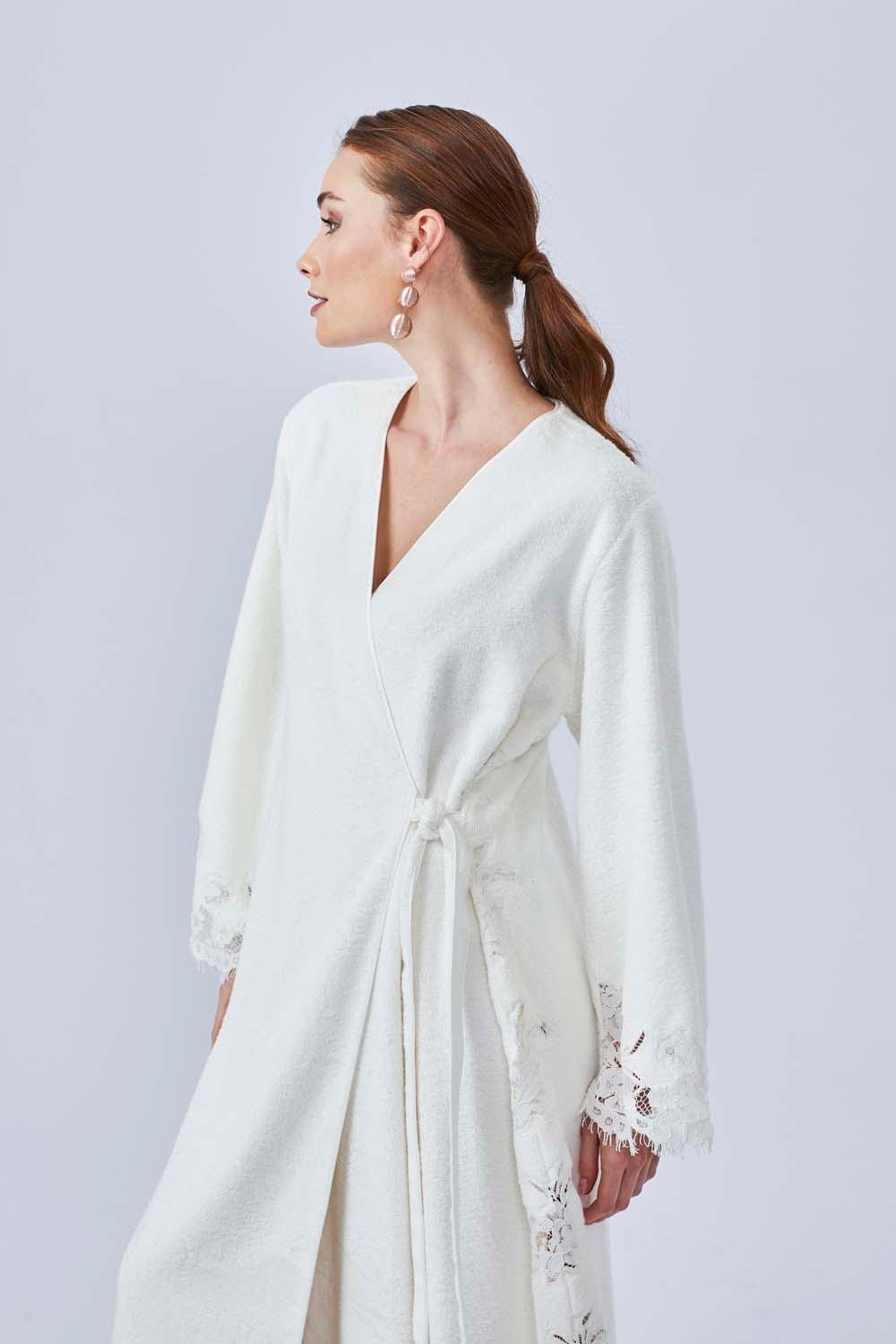 Berenice - Long Towel Belted Bathrobe - Off White - Bocan