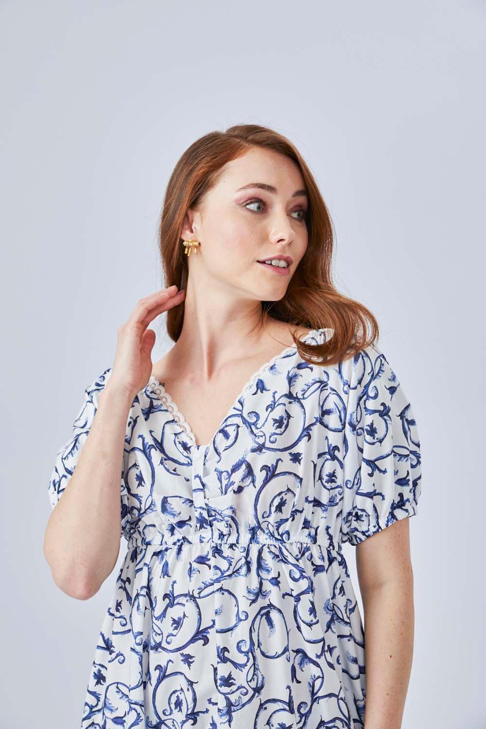 Bleu Blanc - Poplin Half Sleeve Long Printed Dress - Navy - Bocan