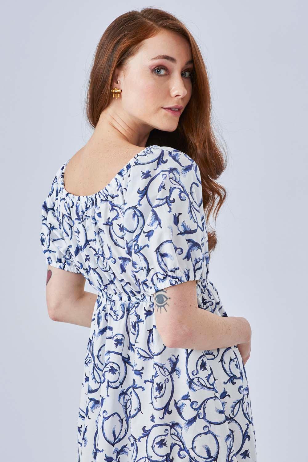 Bleu Blanc - Poplin Half Sleeve Long Printed Dress - Navy - Bocan