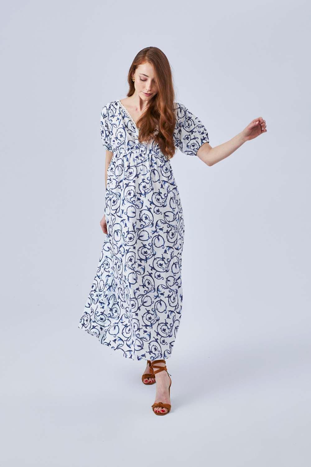 Bleu Blanc - Poplin Half Sleeve Long Printed Dress - Navy - Bocan