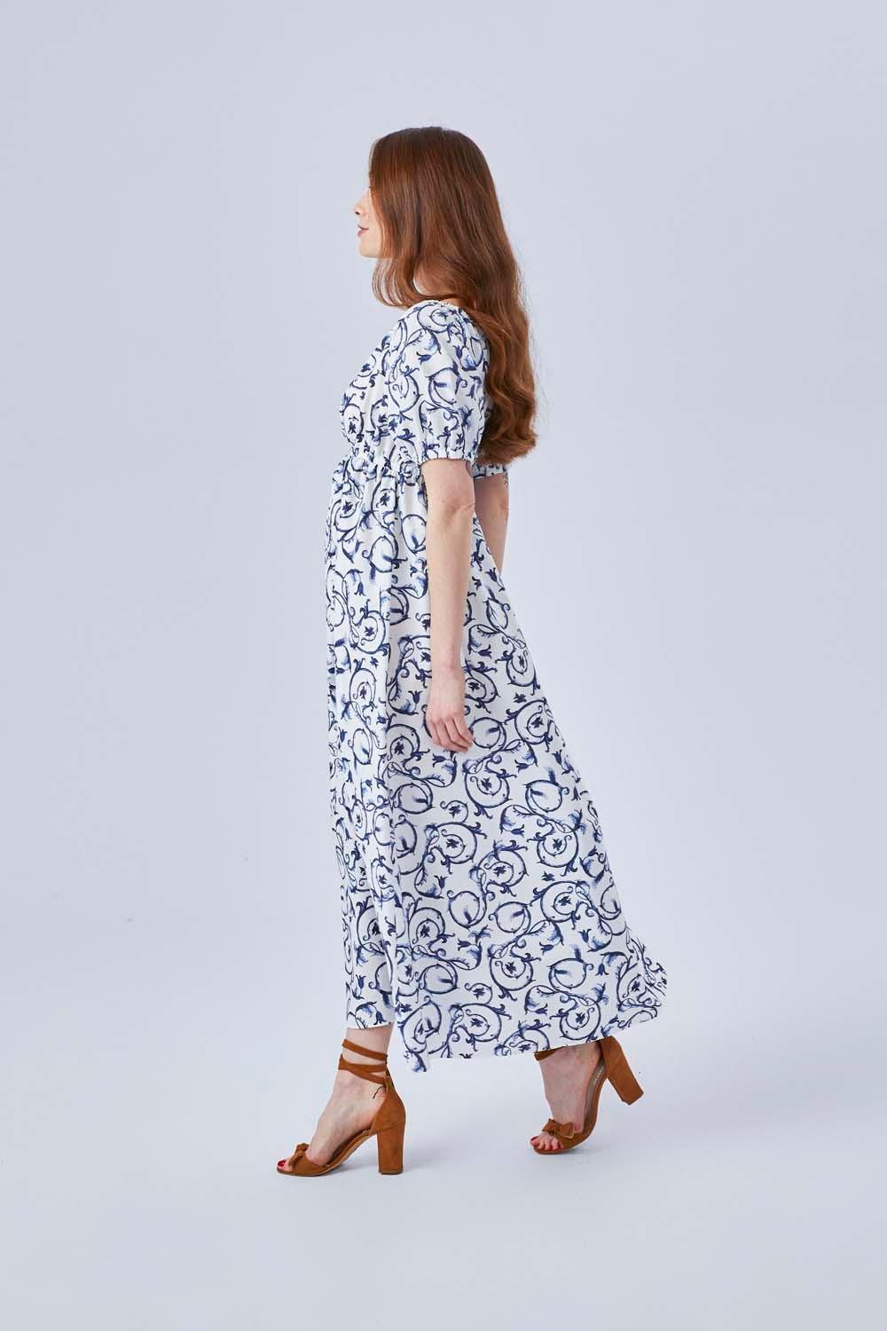 Bleu Blanc - Poplin Half Sleeve Long Printed Dress - Navy - Bocan