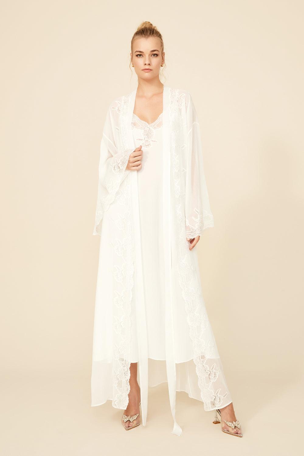 Bloom - Long Silk Chiffon Robe Set with Fanlike Sleeves - Off White - Bocan