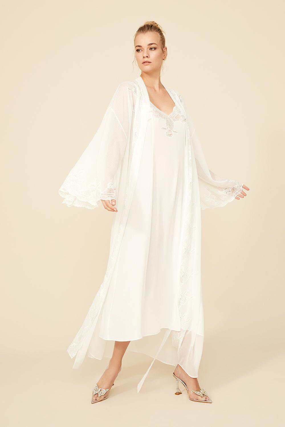 Bloom - Long Silk Chiffon Robe Set with Fanlike Sleeves - Off White - Bocan