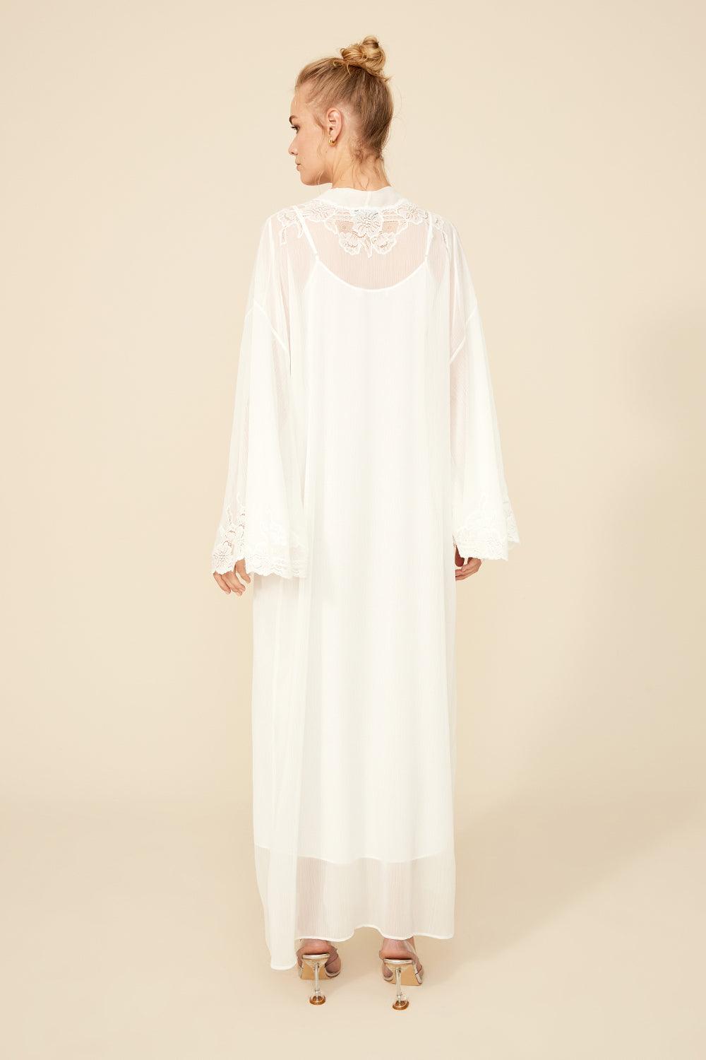 Bloom - Long Silk Chiffon Robe Set with Fanlike Sleeves - Off White - Bocan