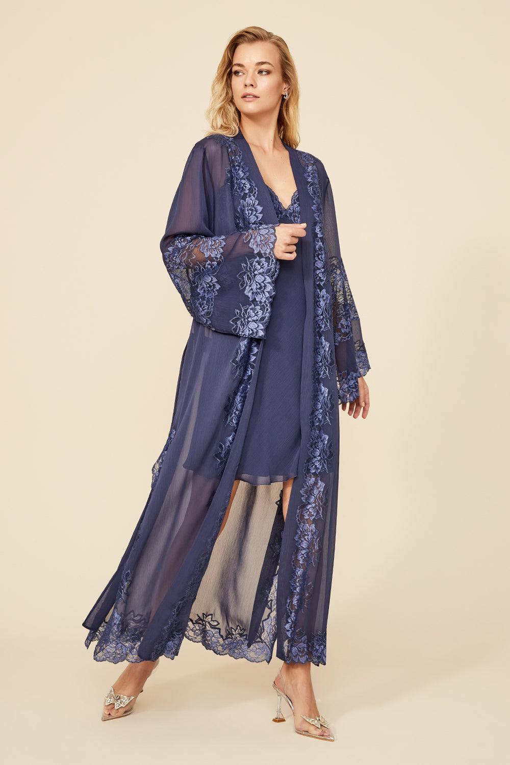 Bonnie - Long Silk Chiffon Robe Set - Indigo - Bocan
