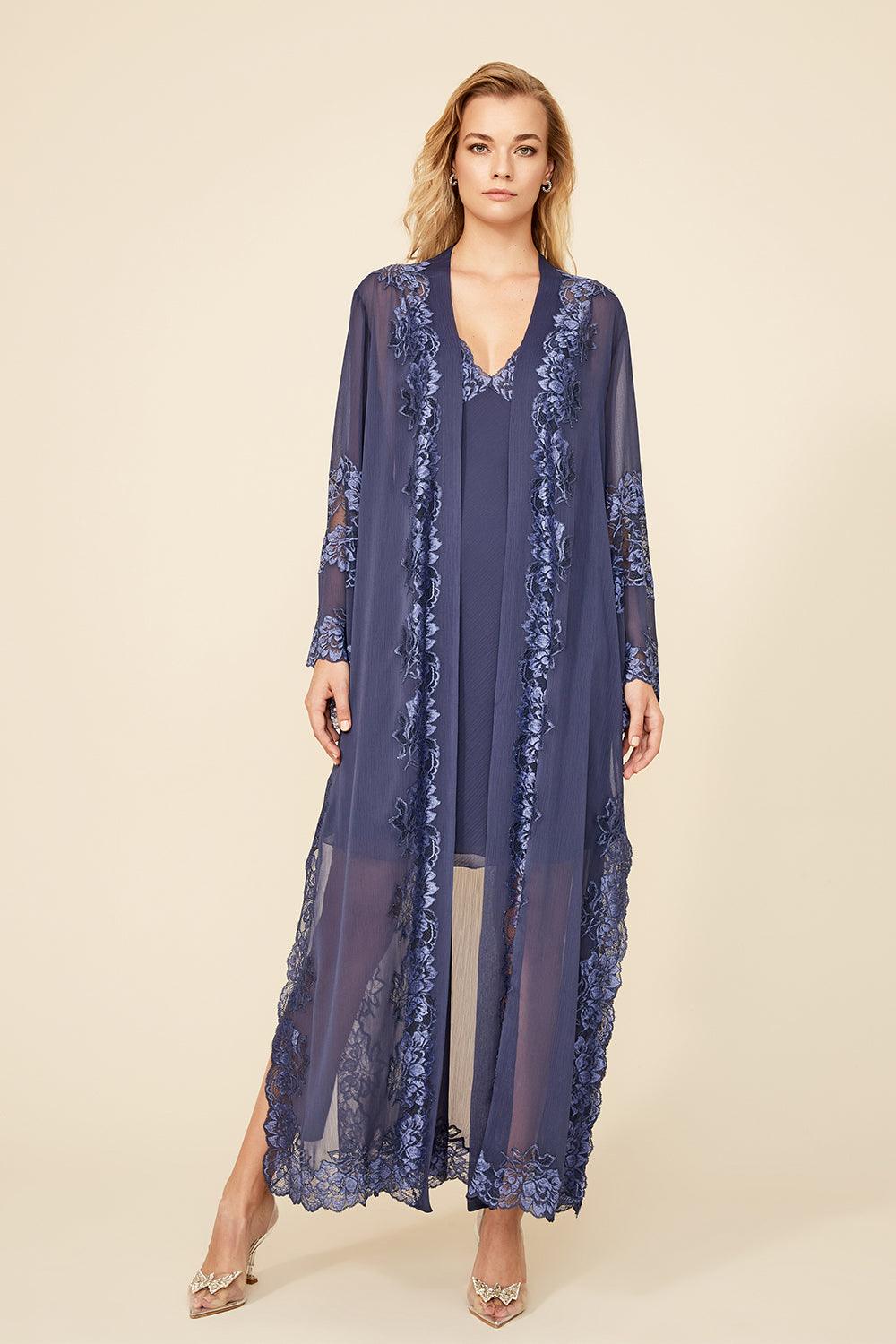 Bonnie - Long Silk Chiffon Robe Set - Indigo - Bocan